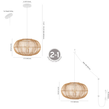 Leo 17.5" Farmhouse Coastal Rattan 180" Cord Plug-In or Hardwired LED Pendant - JONATHAN Y